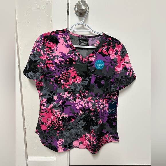Cherokee Women's Floral V-Neck Top - Pink and Black - Picture 1 of 4
